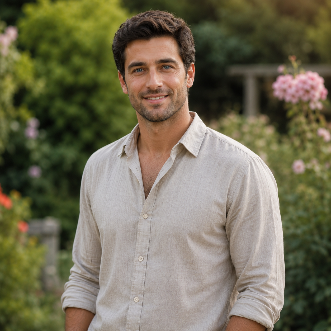 Man wearing a light-colored shirt standing in a garden with greenery and flowers in the background