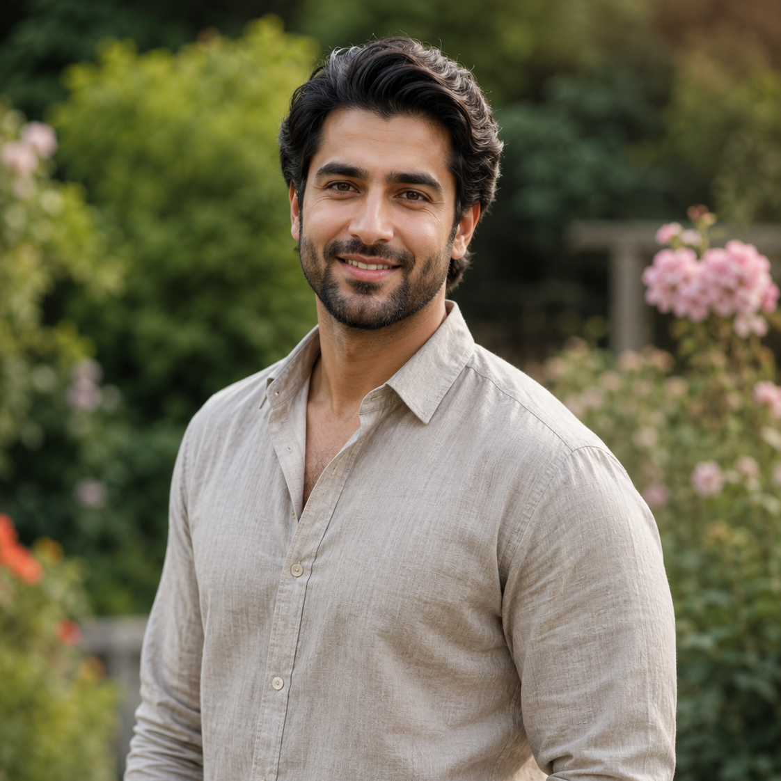 Man wearing a light-colored shirt standing in a garden with greenery and flowers in the background