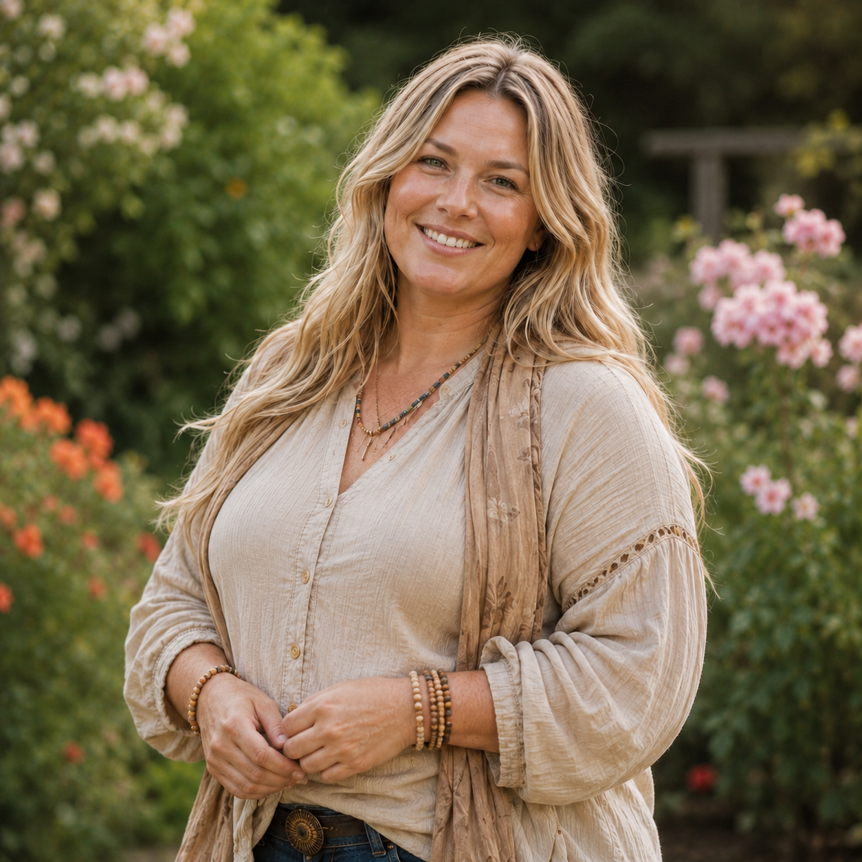 Woman standing outdoors with flowers and greenery in the background