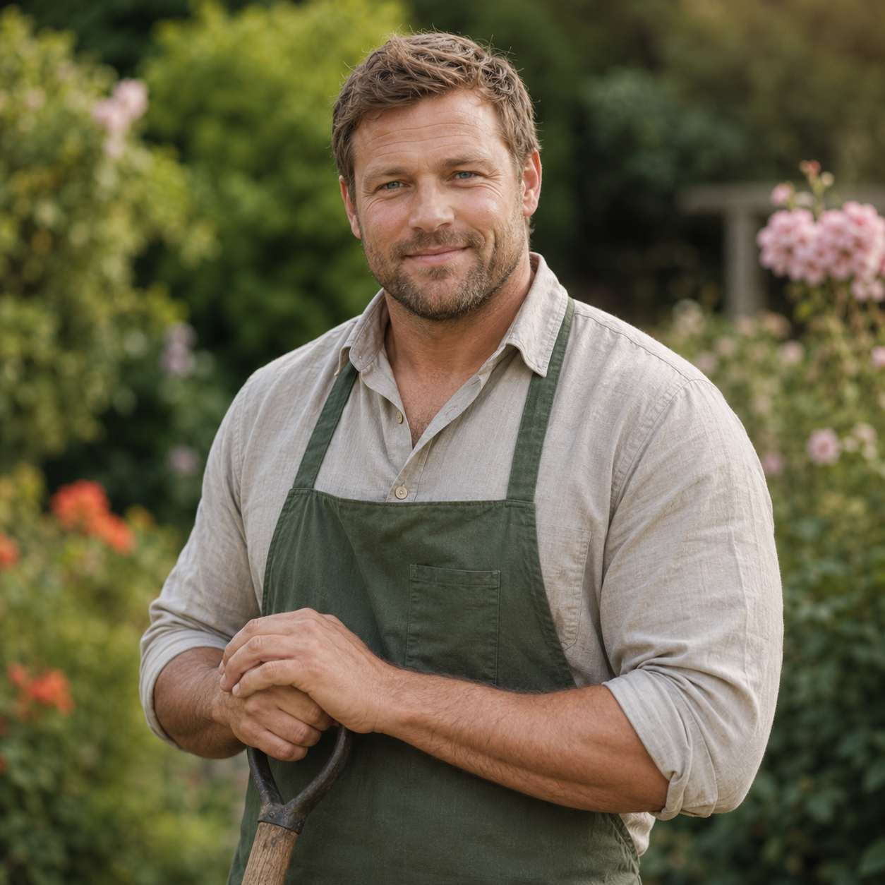 Man wearing a green apron standing in a garden with flowers and plants.