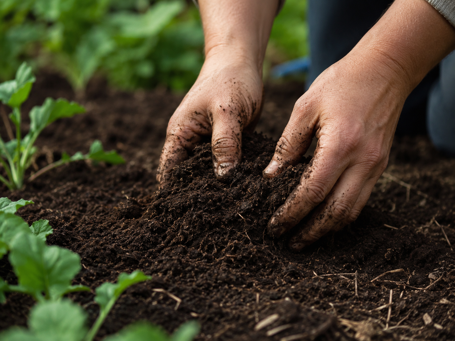 Close-up of hands working with soil in a garden