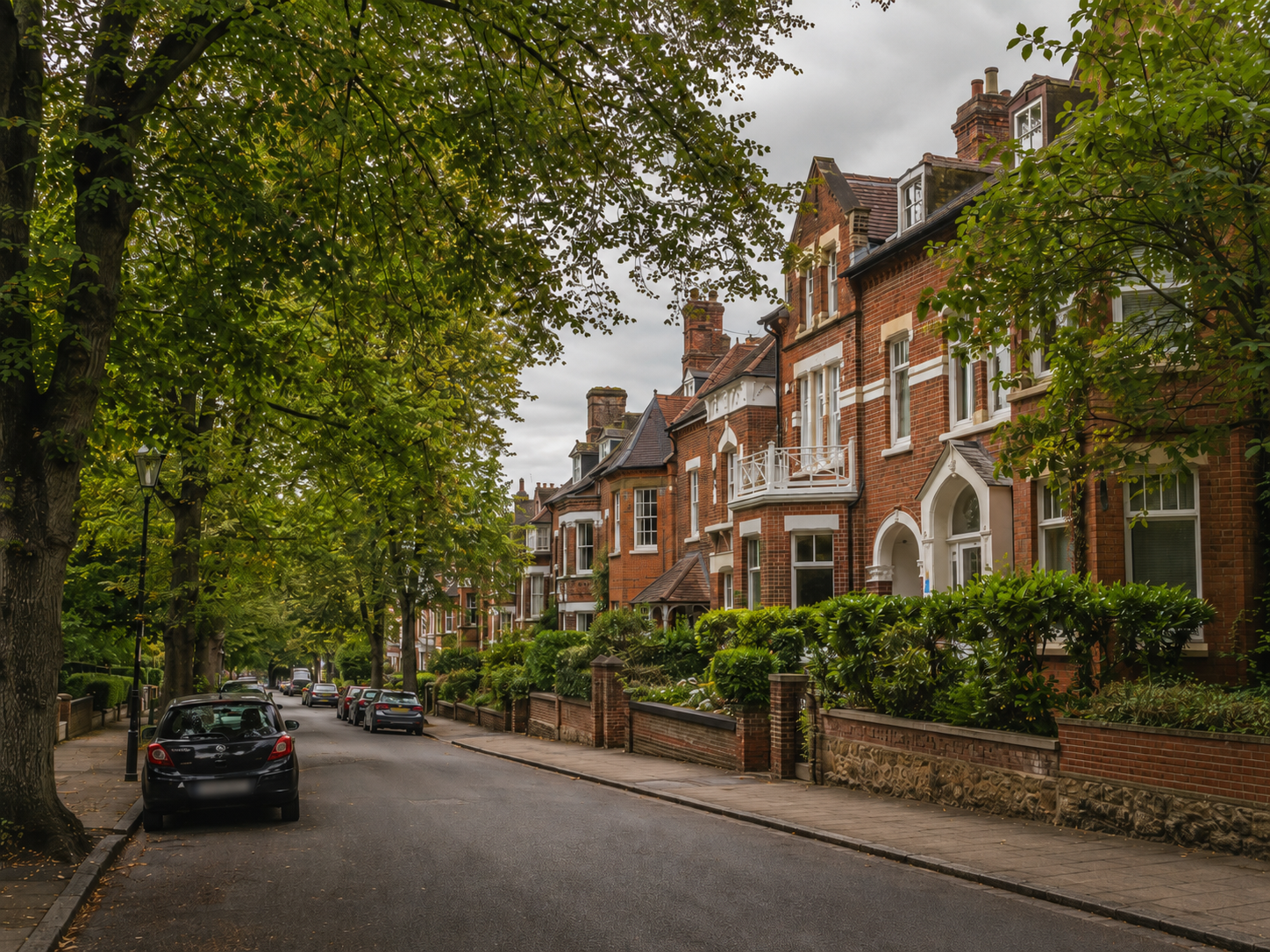 Residential street with trees and houses on a cloudy day