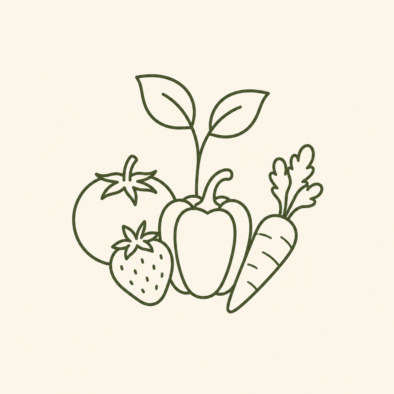 Illustration of vegetables including a carrot, bell pepper, strawberry, and tomatoes on a beige background.