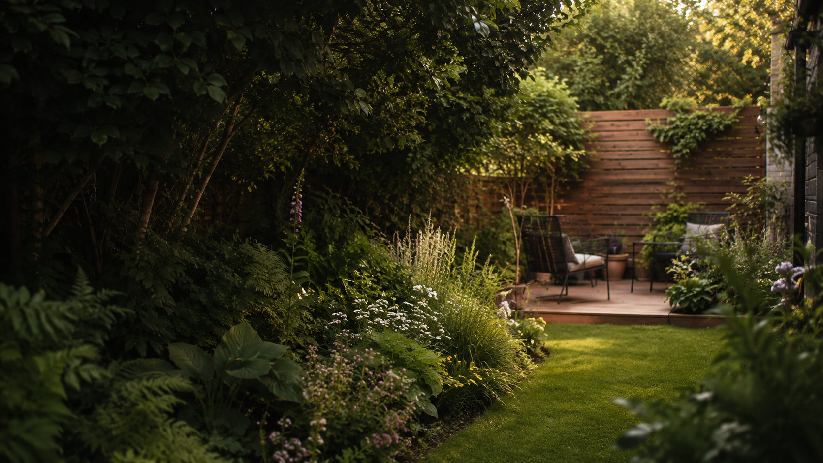 Sustainable garden design with lush planting and a modern patio in Hertfordshire