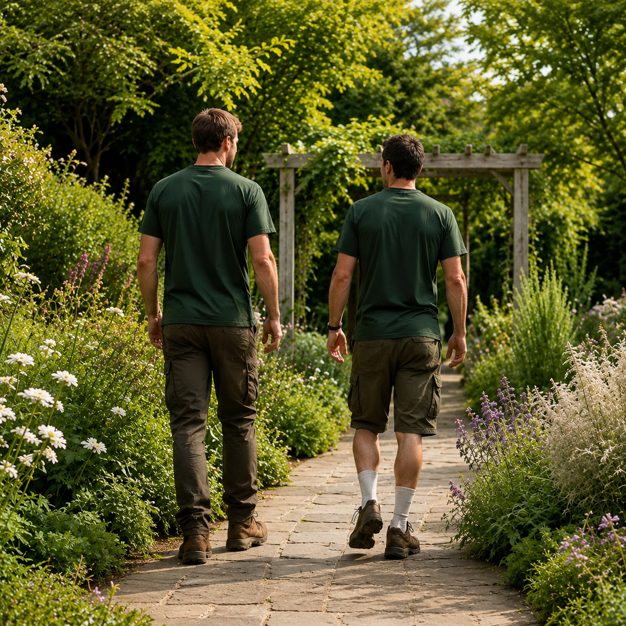 Two people in green shirts walking along a garden path with trees and plants around.